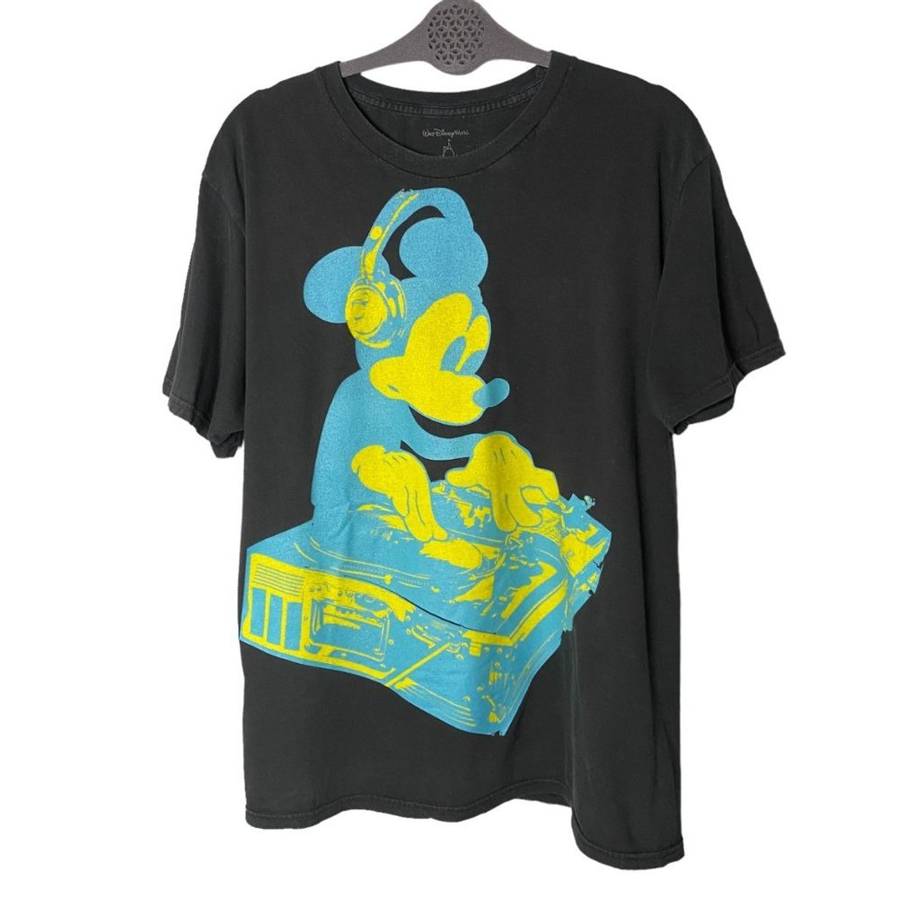 Walt Disney World Men‎ XL Faded Black Neon DJ DeeJay Mickey Mouse Tee T-Shirt